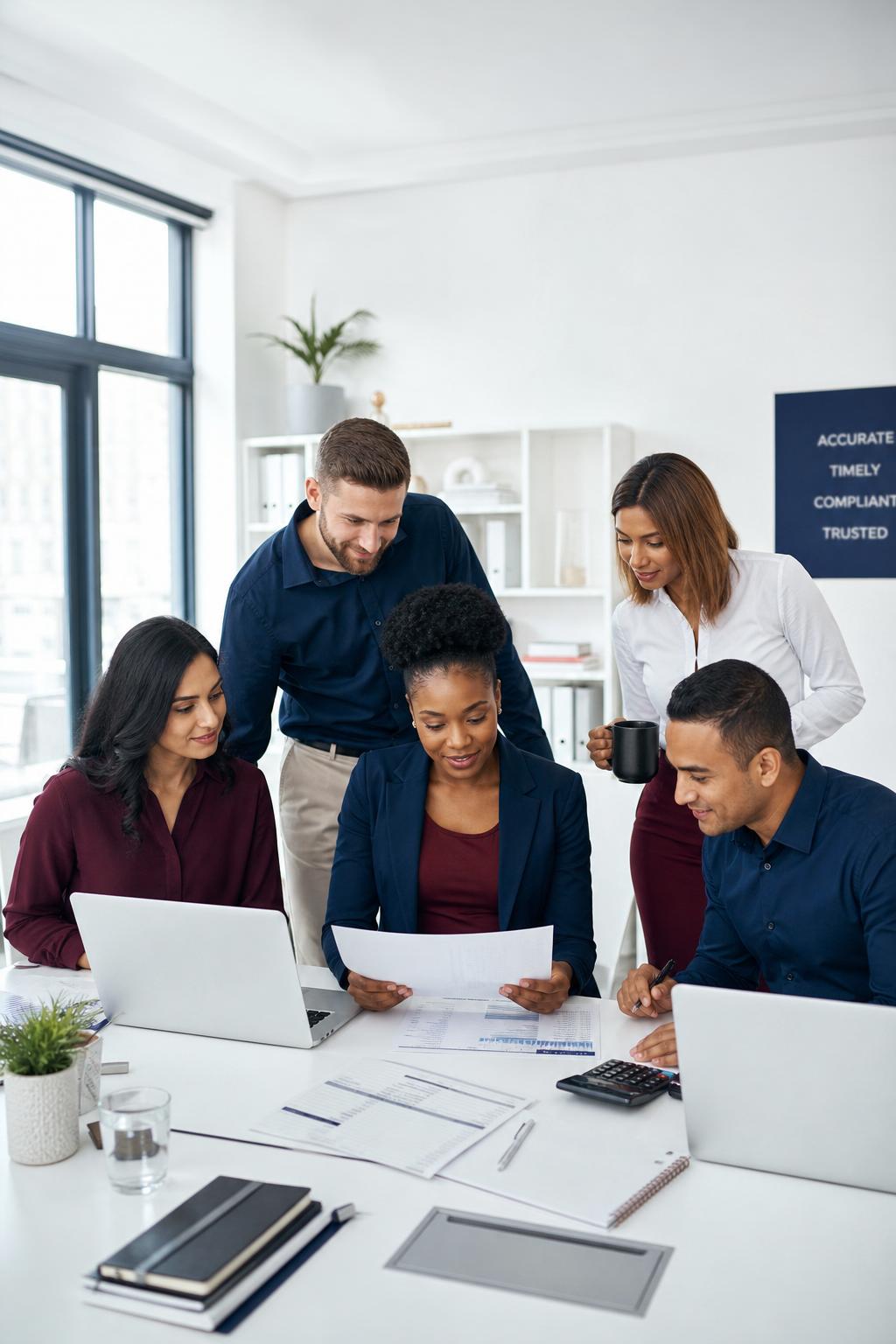Multiracial team of Patuza payroll specialists collaborating in a bright modern South African office