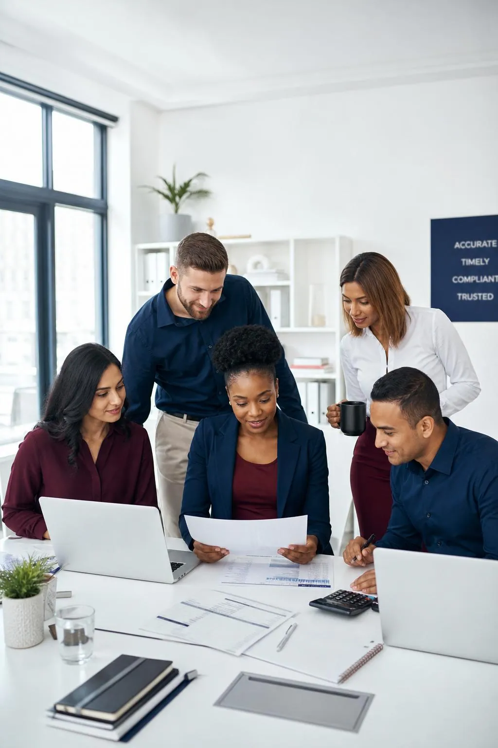 Multiracial team of Patuza payroll specialists collaborating in a bright modern South African office